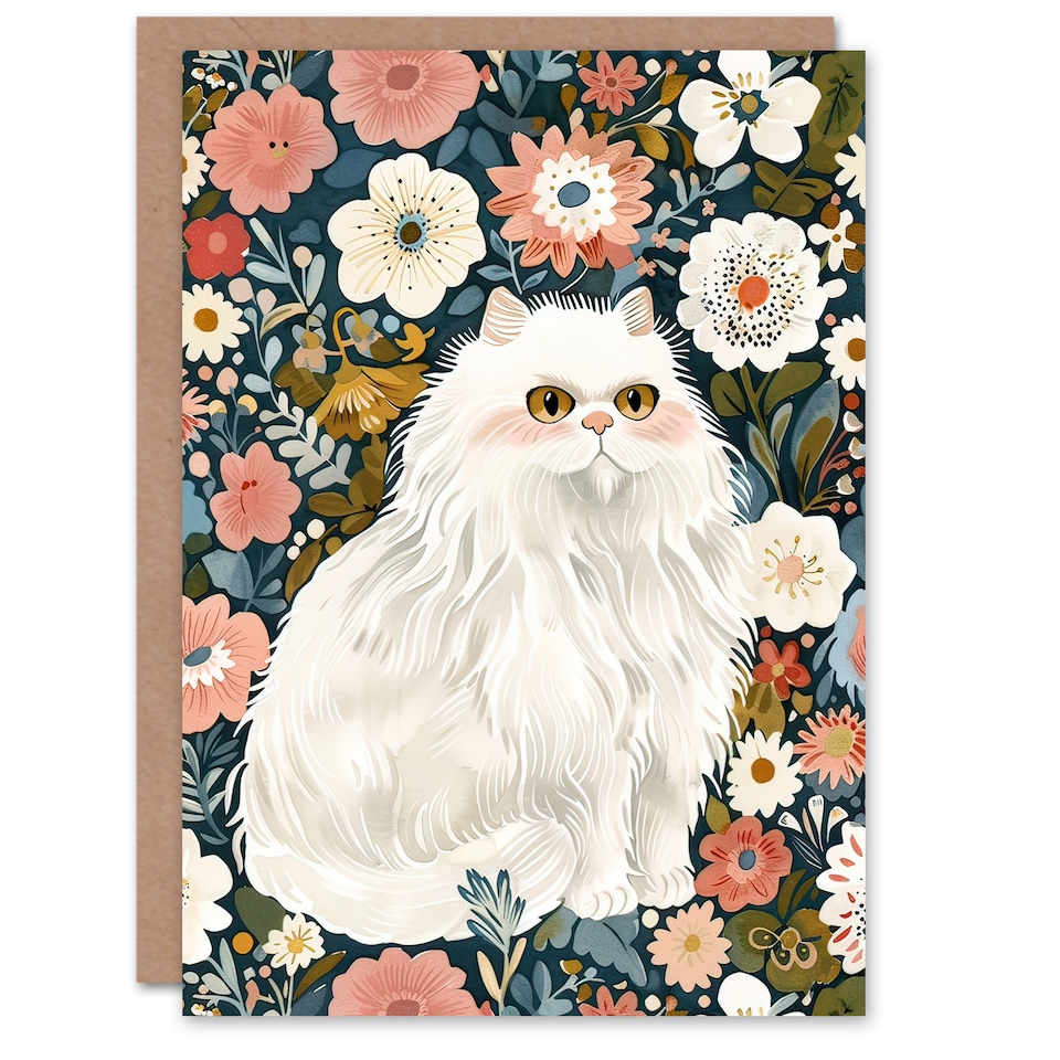 image 1 of Greeting Card Elegant Persian Cat Lover Flower Garden Portrait