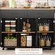 image 5 of VILUXE Mobile Kitchen Island with Foldable Worktop, 2 Drawers, Adjustable Shelves, Towel Rail, Wheels and Solid Wood Feet, Black and Natural