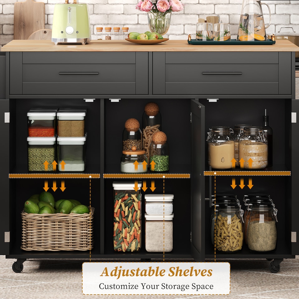 image 1 of VILUXE Mobile Kitchen Island with Foldable Worktop, 2 Drawers, Adjustable Shelves, Towel Rail, Wheels and Solid Wood Feet, Black and Natural