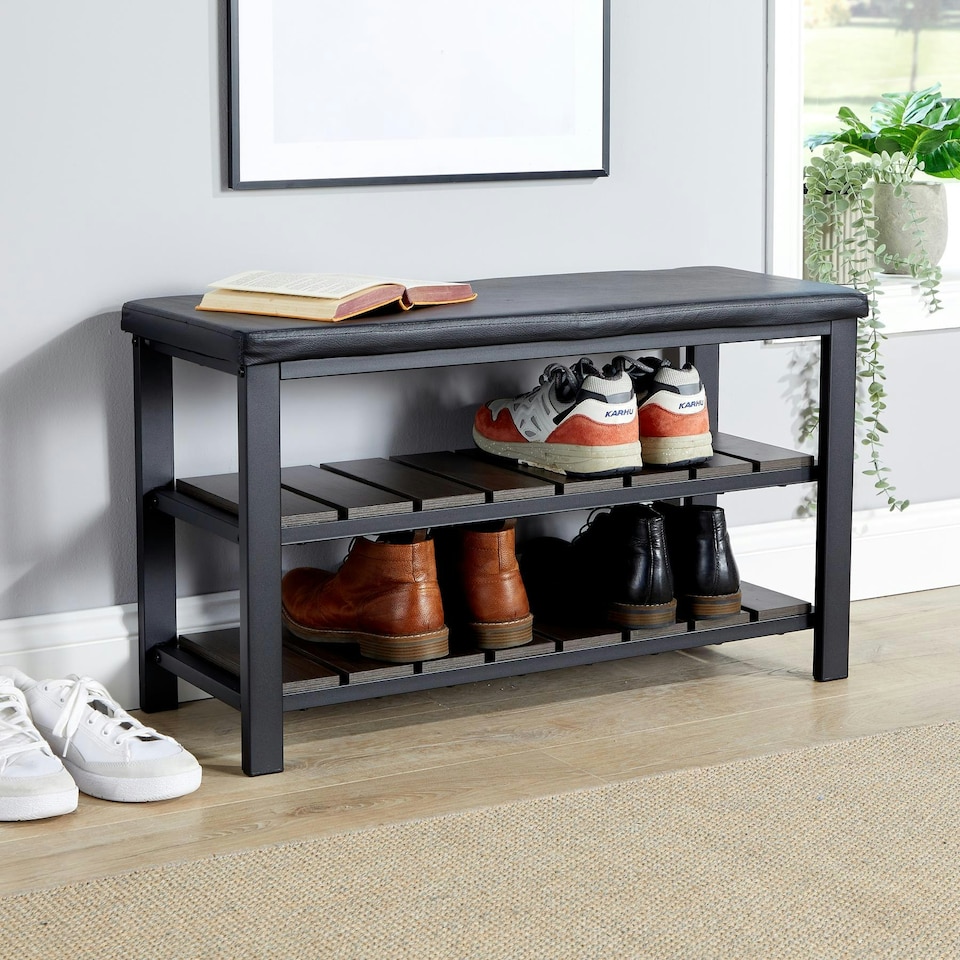 image 1 of Spalding Black Metal Shoe Bench with Two Storage Shelves - Perfect for the Hallway Black