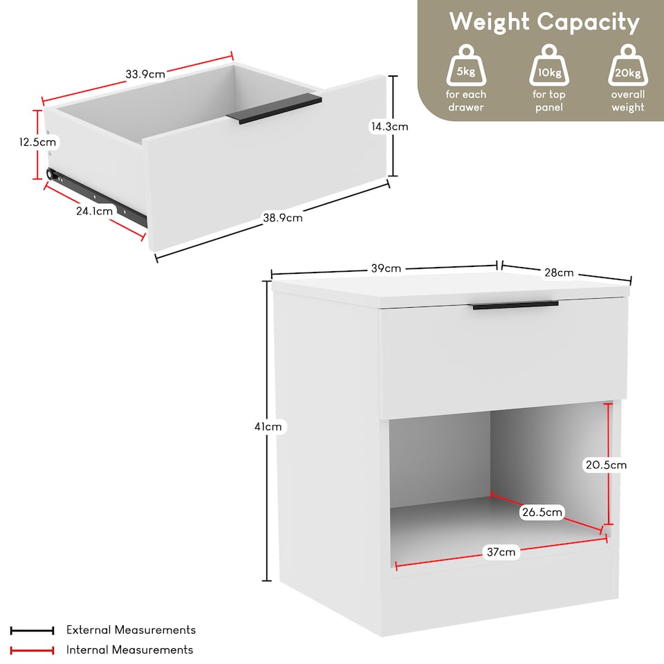 image 1 of Vida Designs Trega 1 Drawer Bedside Chest Bedroom Storage Unit - (H) 41cm x (W) 39cm x (D) 28cm - White