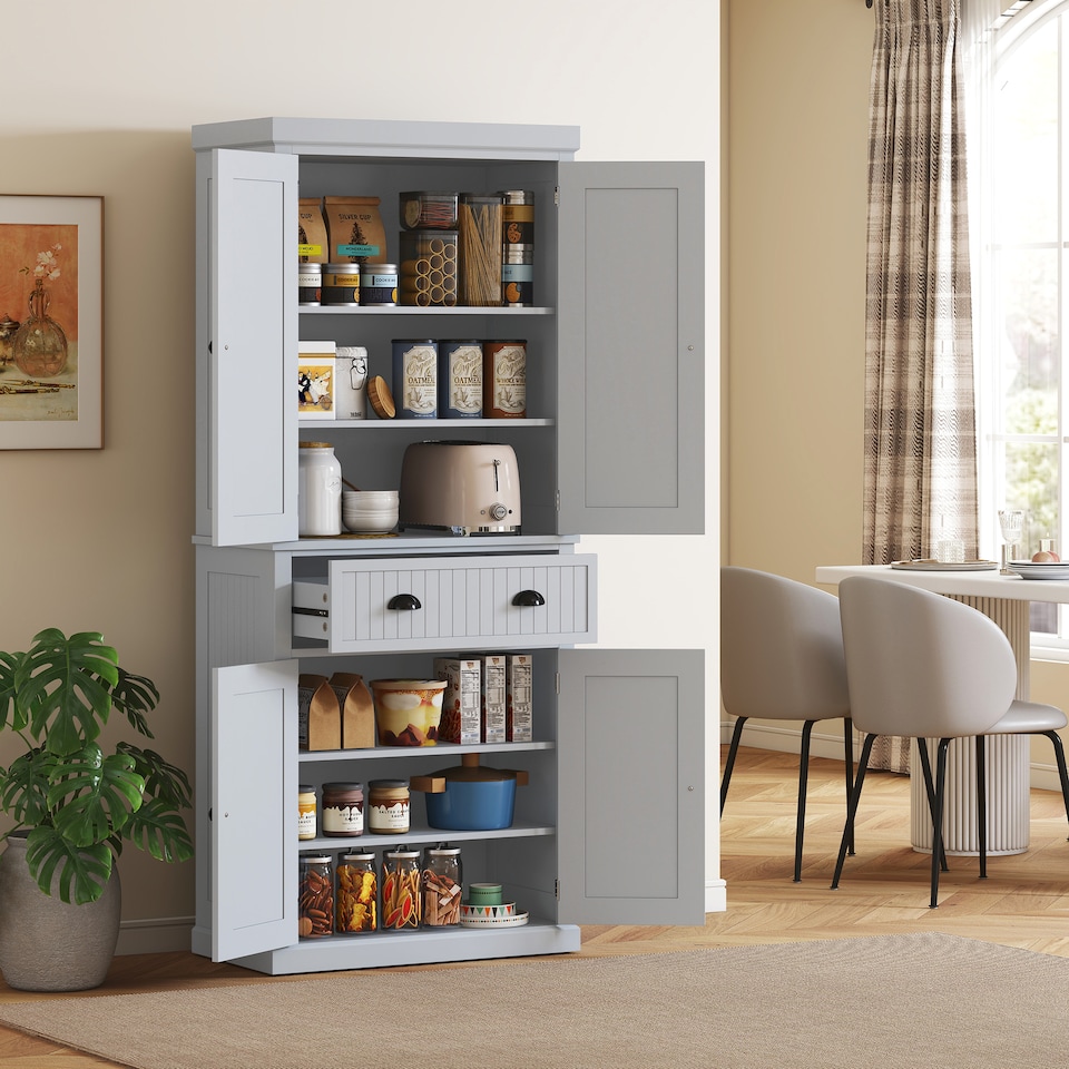 image 1 of HOMCOM 183cm Tall Kitchen Cupboard, Kitchen Pantry Cabinet with Drawer, 3 Adjustable Shelves and 4 Doors, Freestanding Storage Cabinet for Dining Room, Living Room, Grey