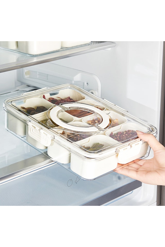 image 1 of Living and Home Food Storage Container with 8 Compartments for Fridge or Picnic,30.5cm W x 23.5cm D x 7cm H | White