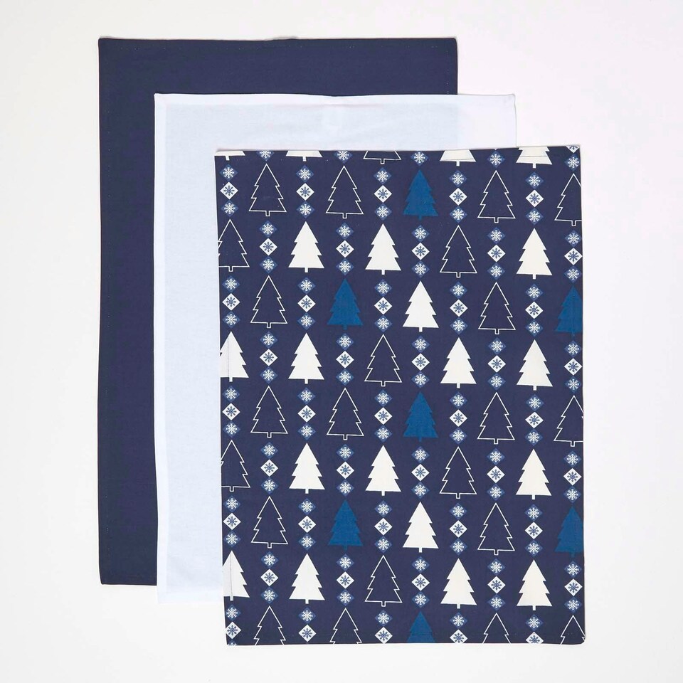 image 1 of Homescapes Blue Winterland Set of 3 Christmas Tea Towels Blue