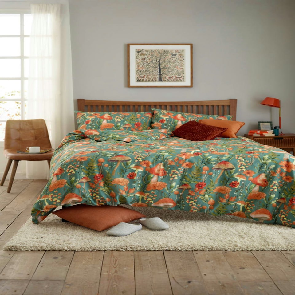 image 1 of Woodland Mushrooms Sage Duvet Cover Set – Cotton Rich Soft & Breathable Easycare Bedding | Green | Sage | Double