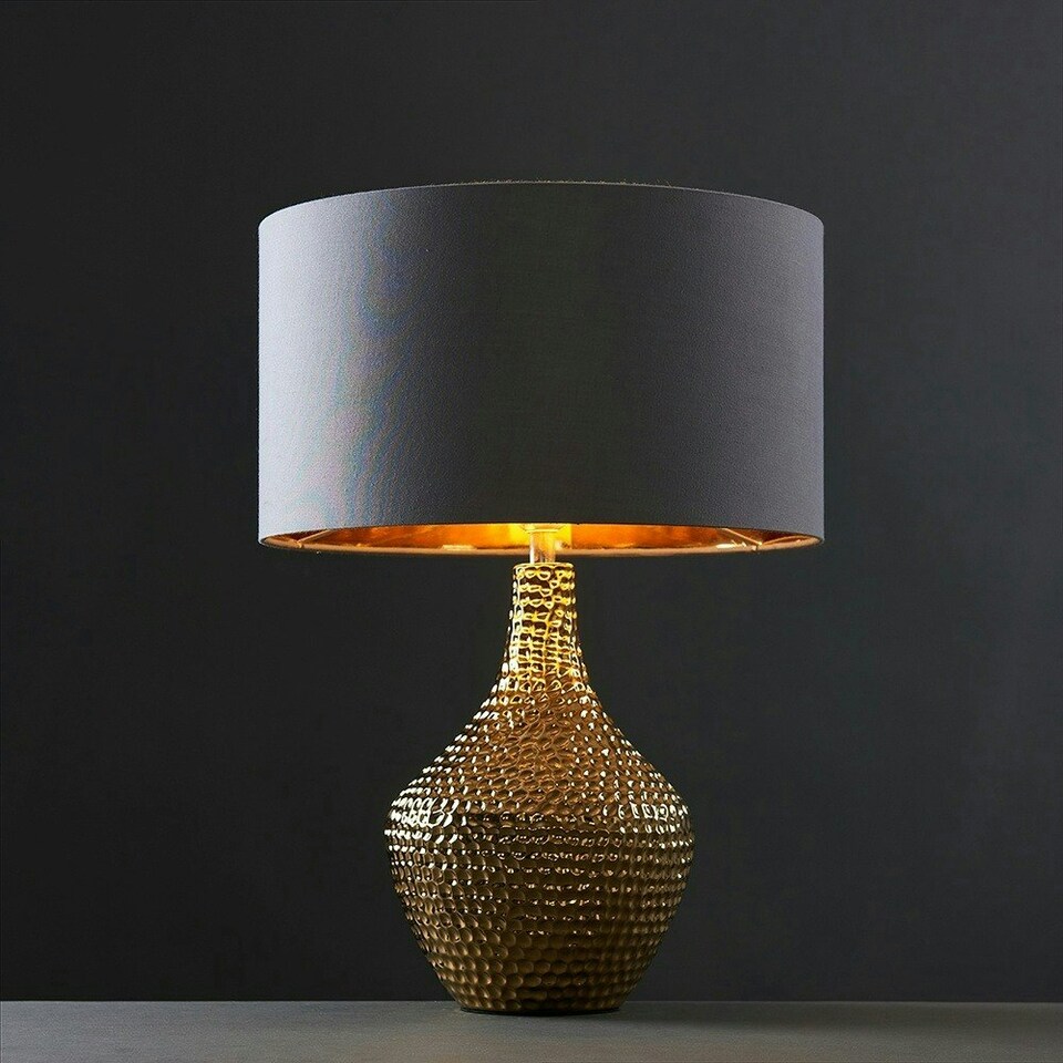 image 1 of ValueLights Bailey Polished Gold Table Lamp with Medium Grey Drum Shade and E27 GLS LED 10W Warm White 3000K Bulb