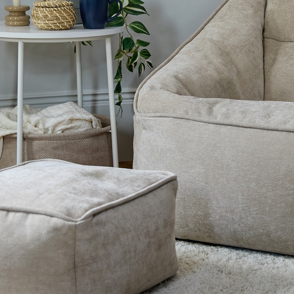 image 1 of Natalia Chenille Adults Bean Bag Armchair and Pouffe, Ready Filled Large Beanbag and Footstool Natural Beige | Cream | Beige | 2