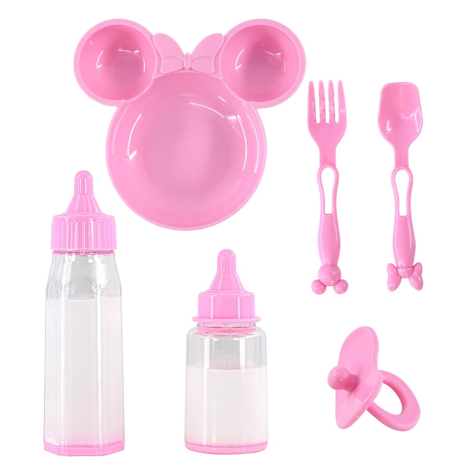 image 1 of BiBi Doll Feeding Set 6 Pc Baby Doll Accessory Playset Pink Plate Utensils