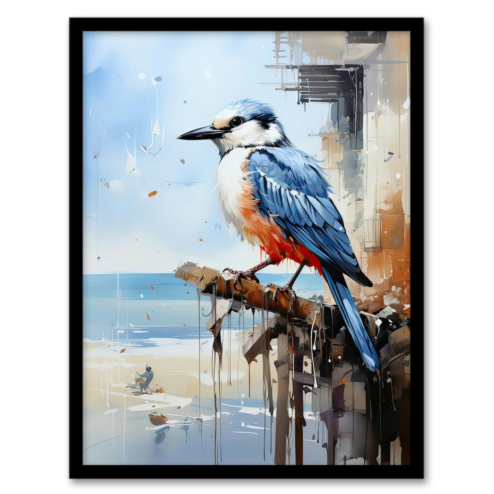 image 1 of Blue Bird by Beach Portrait Oil Home Decor Black Framed Wall Art Print A4