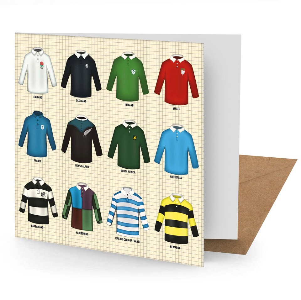 Vintage Rugby Shirts Greetings Card,Suitable for Birthdays, Thank You, Any Occasion, 15 x 15 cms, Multi-Coloured