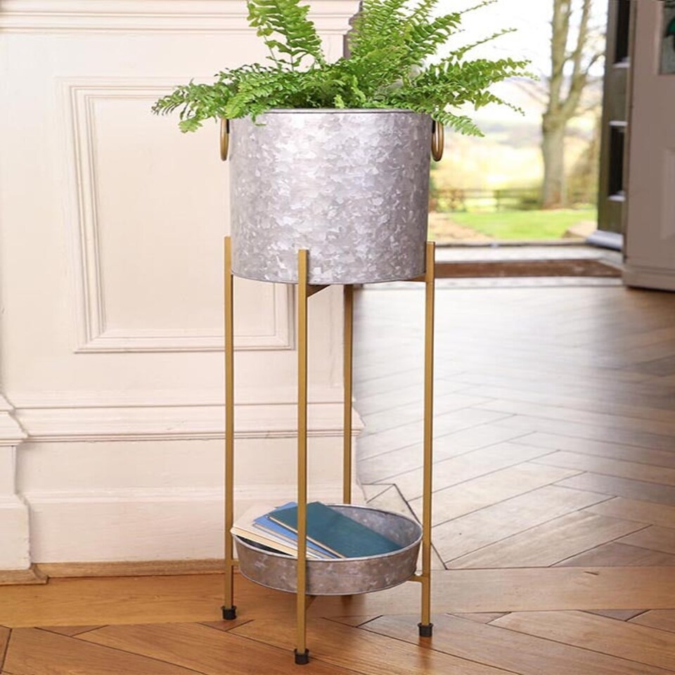 image 1 of Galvanized Zinc Tall Planter Silver