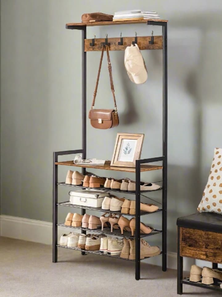 image 1 of Entryway Coat Rack Stand with Shoe Storage Shelves – Industrial Hallway Organiser