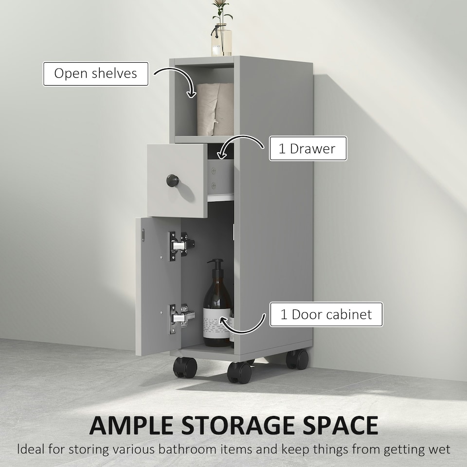 image 1 of kleankin Slim Bathroom Storage with 2 Drawers, 2 Open and Wheels, Grey | Grey | Black handles | Slimline