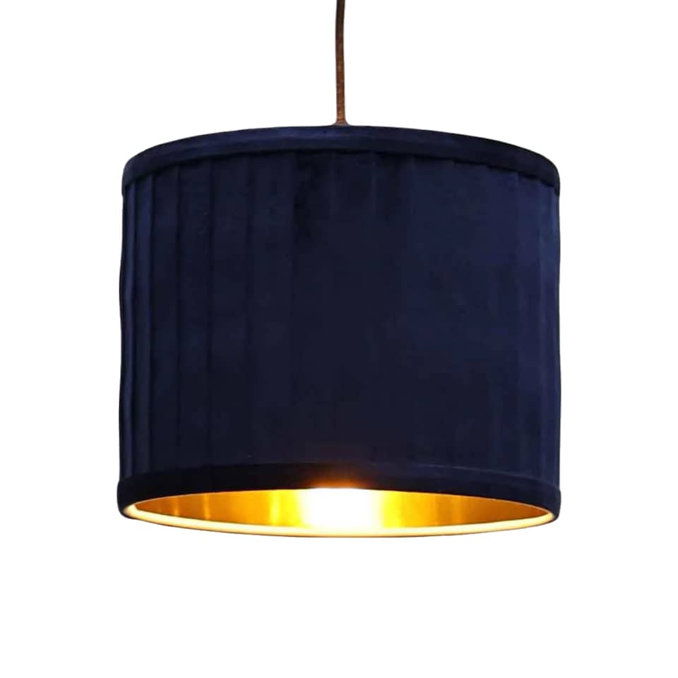 image 1 of Sundance - Navy Blue Velvet Pleated 25cm Lamp Shade with Gold Inner | Blue | Pleated navy velvet with gold cardboard inner detail | 1