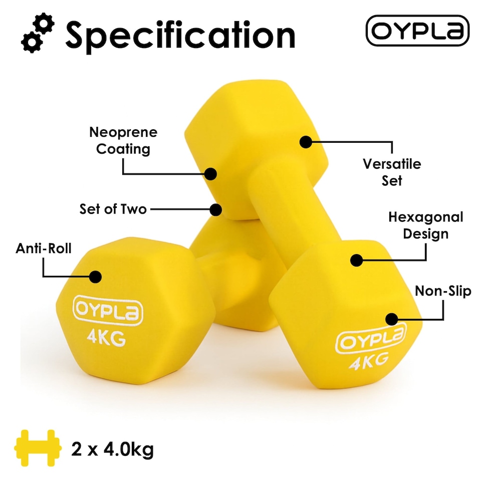 image 1 of Pair of 4kg Hex Anti Roll Neoprene Non Slip Hand Dumbbells Workout Weights