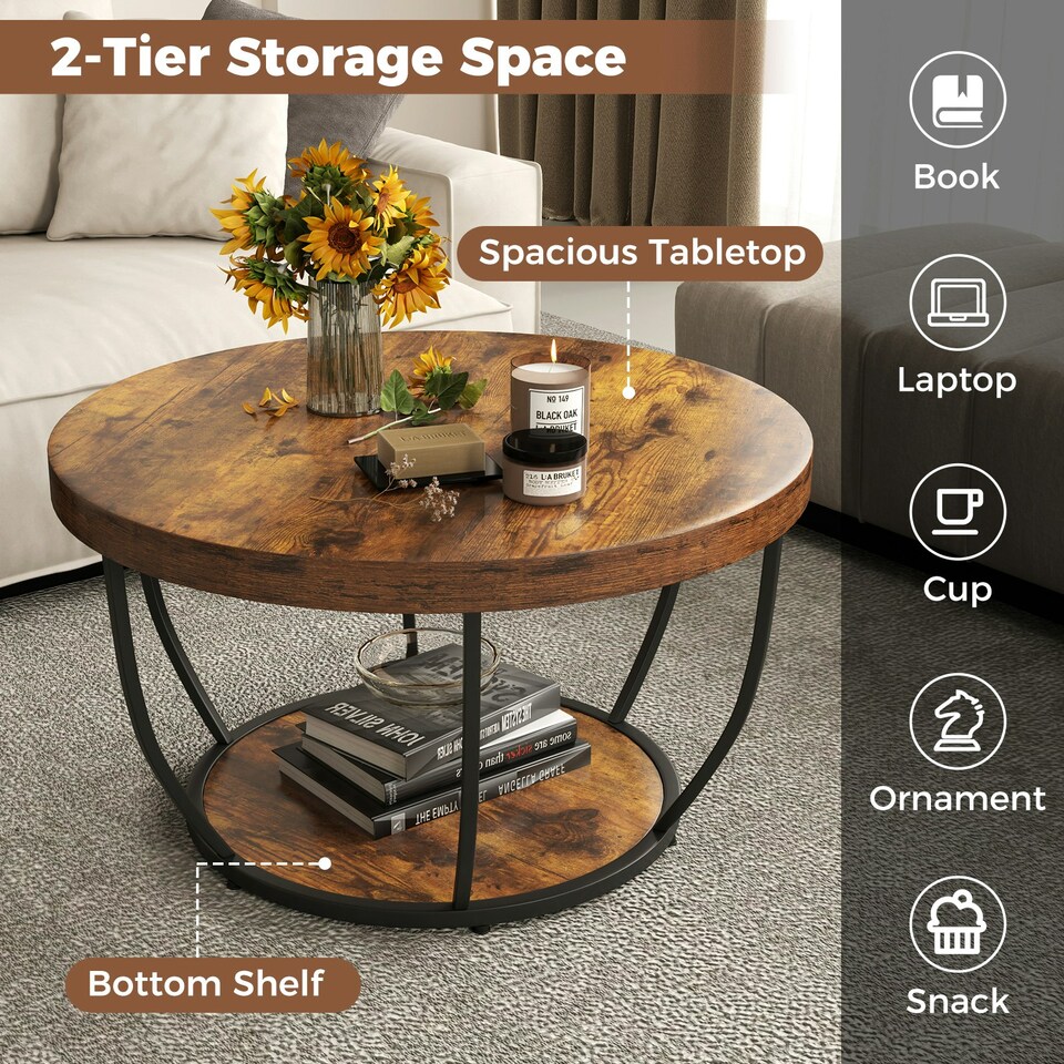 image 1 of COSTWAY 2-Tier Round Coffee Table 80cm Tea Cocktail Table Brown
