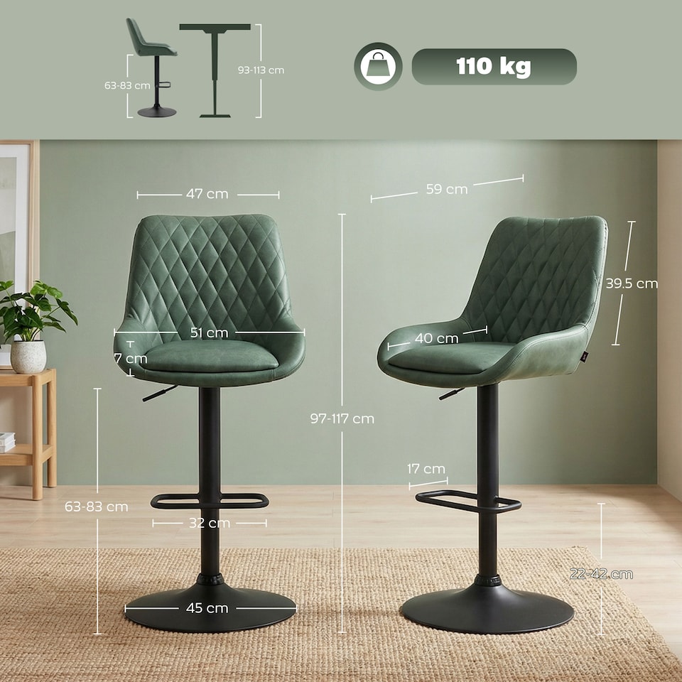 image 1 of HOMCOM PU Leather Padded Bar Stools Set of 2 with Metal Base, Dark Green