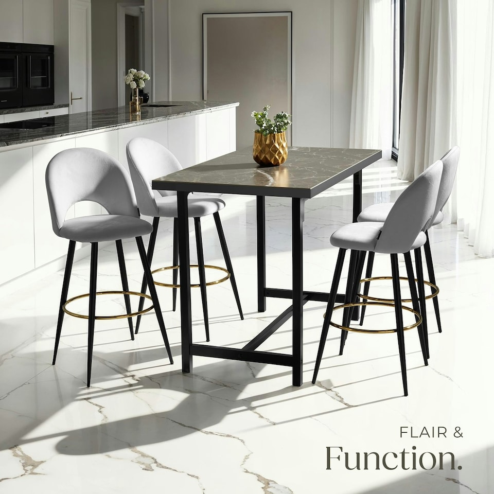 image 1 of Bar Stool Rachel with backrest and velvet look cover, 49 x 58 x 110 cm - Set of 2 Grey | Light Grey/Black