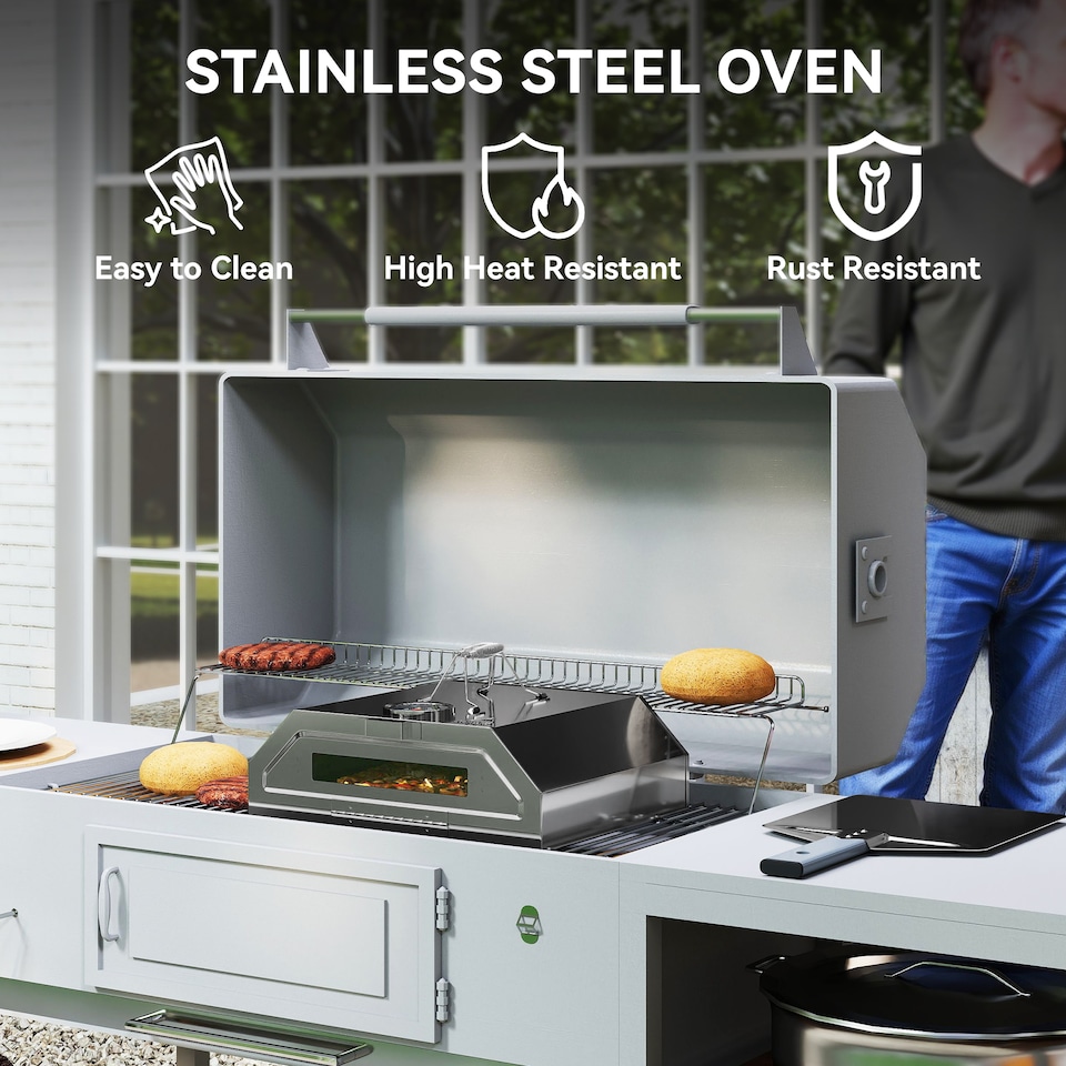 image 1 of Outsunny Outdoor BBQ Pizza Oven with Thermometer for GasCharcoal BBQ Grills