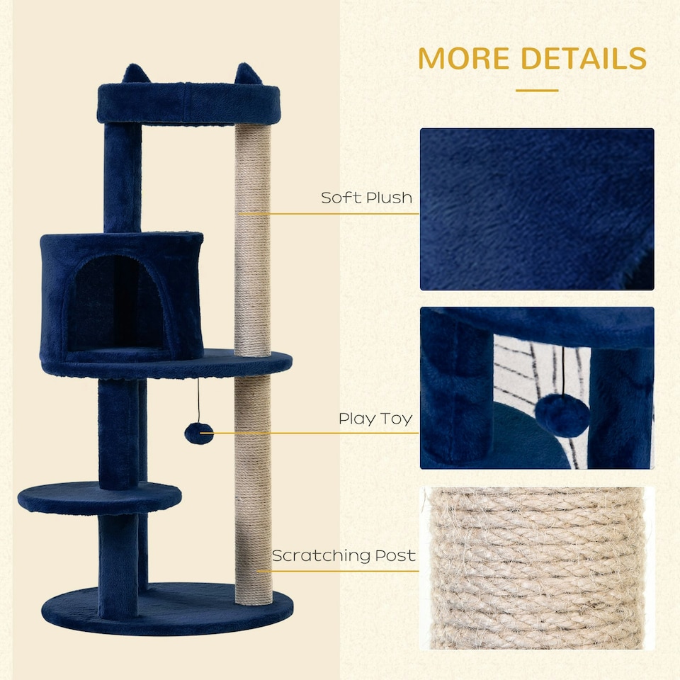 image 1 of PawHut 104cm Cat Tree Condo Tower with Scratching Post Perch Ball, Blue