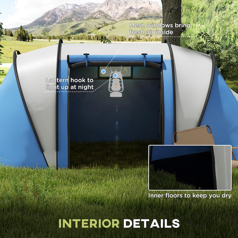 image 1 of Outsunny 2 Bedroom Camping Tent with Living Area, 3000mm Waterproof, Blue