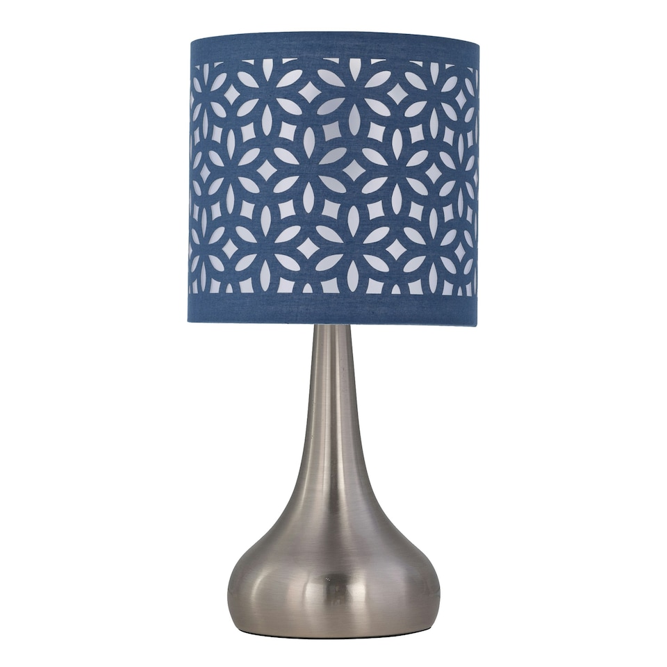 image 1 of Set of 2 Romana - Brushed Chrome Touch Operated Table Lamps Bedside Lights Navy Blue Laser Cut Shade Silver | Blue