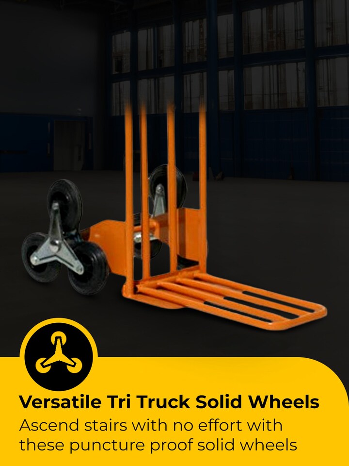 image 1 of Heavy Duty Stair Climber Sack Truck, Steel Yellow Frame, 3 Linked Wheels, Folding Toe Plate - 200kg Capacity | Orange