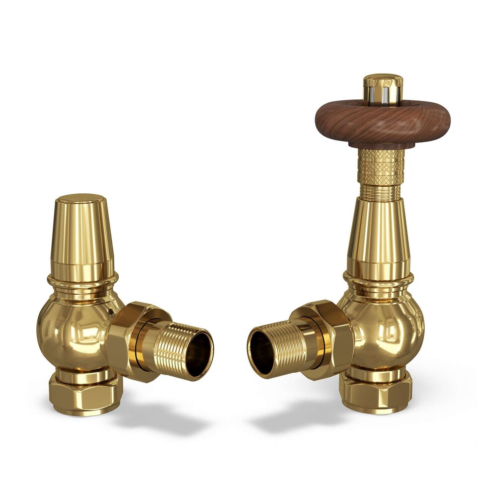 image 1 of Derry Traditional Thermostatic Radiator Valve & Lockshield Angled - Polished Brass - 8mm