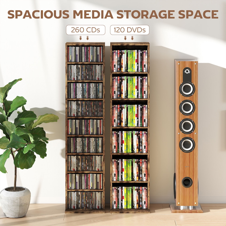 image 1 of HOMCOM 260 CD Storage Unit 120 DVD Storage Tower with 9 Compartments | Brown