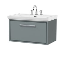 Balterley Modern Bathroom Wall Hung Single Drawer Vanity Unit with Fireclay Basin - Basin, 3 Tap Holes | Grey | Monument Grey | 498 x 830 x 471mm