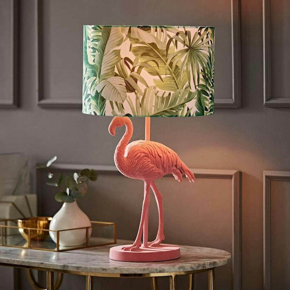 image 1 of ValueLights Flo Flamingo Velvet Pink Table Lamp with Floral Drum Lamp Shade
