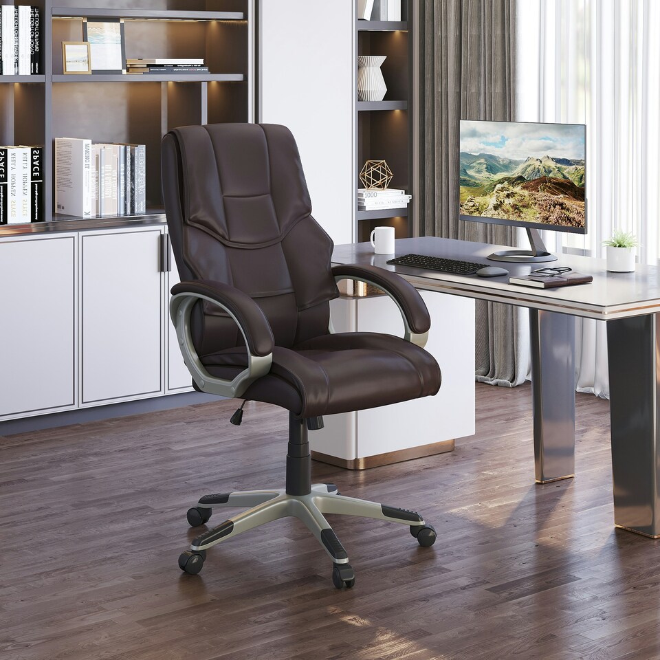 image 1 of HOMCOM Executive Office Chair Faux Leather Computer Desk Chair w/ Wheel Brown
