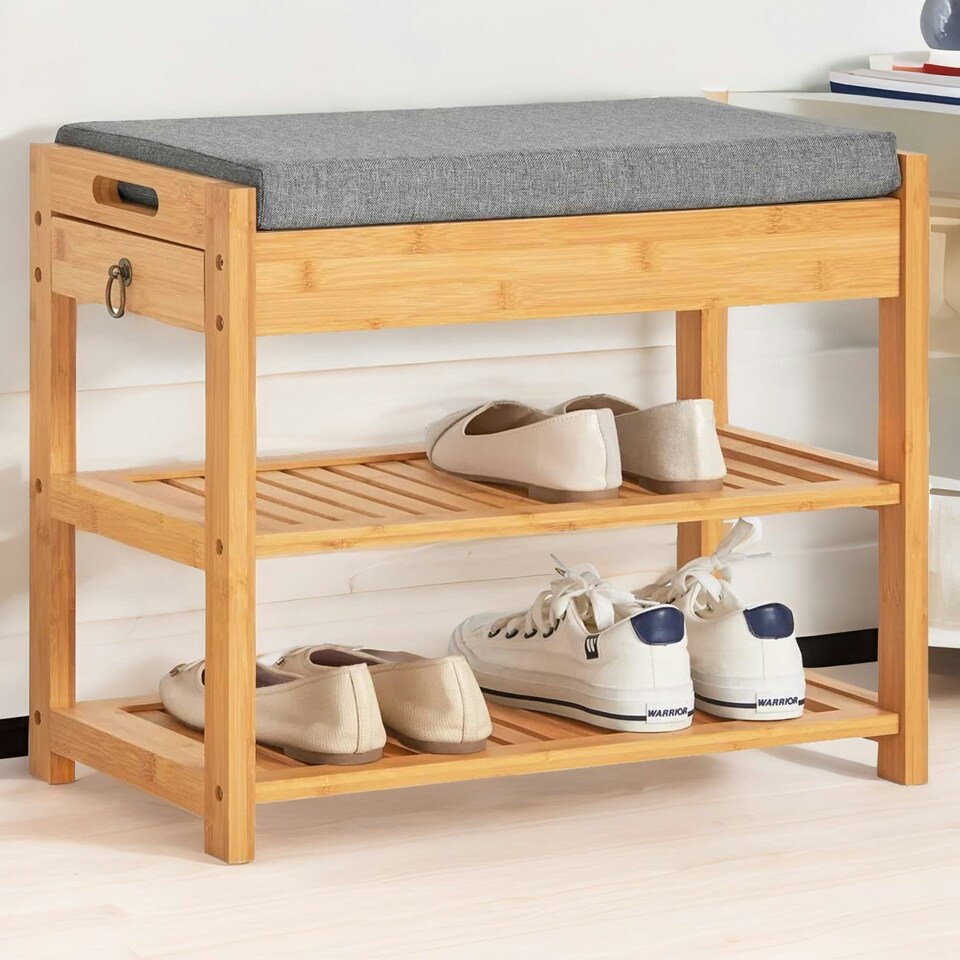 image 1 of Wooden Shoe Storage Bench With Hidden Drawer & Cushioned Seat Brown