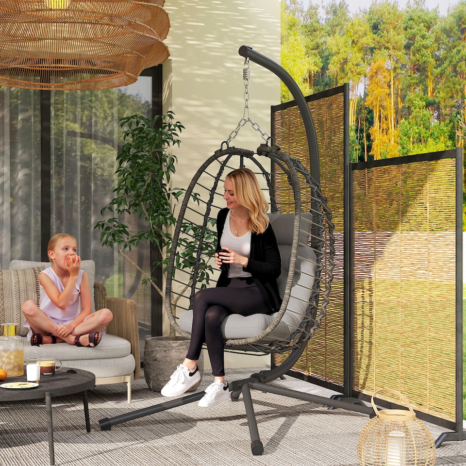 image 1 of Outsunny Rattan Hanging Egg Chair, Foldable Wicker Hammock Swing Chair with Cushion, Stand, Adjustable Height, Head Pillow, Steel Frame for Garden Patio Indoor Outdoor, Light Grey | Grey | Light Grey