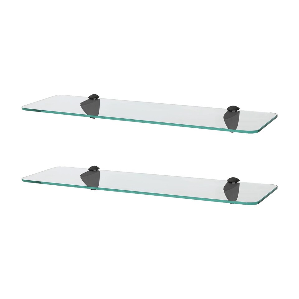 image 1 of Harbour Housewares Rounded Floating Glass Bathroom Shelves - 50cm - Clear/Black - Pack of 2 | Clear | Clear/Black