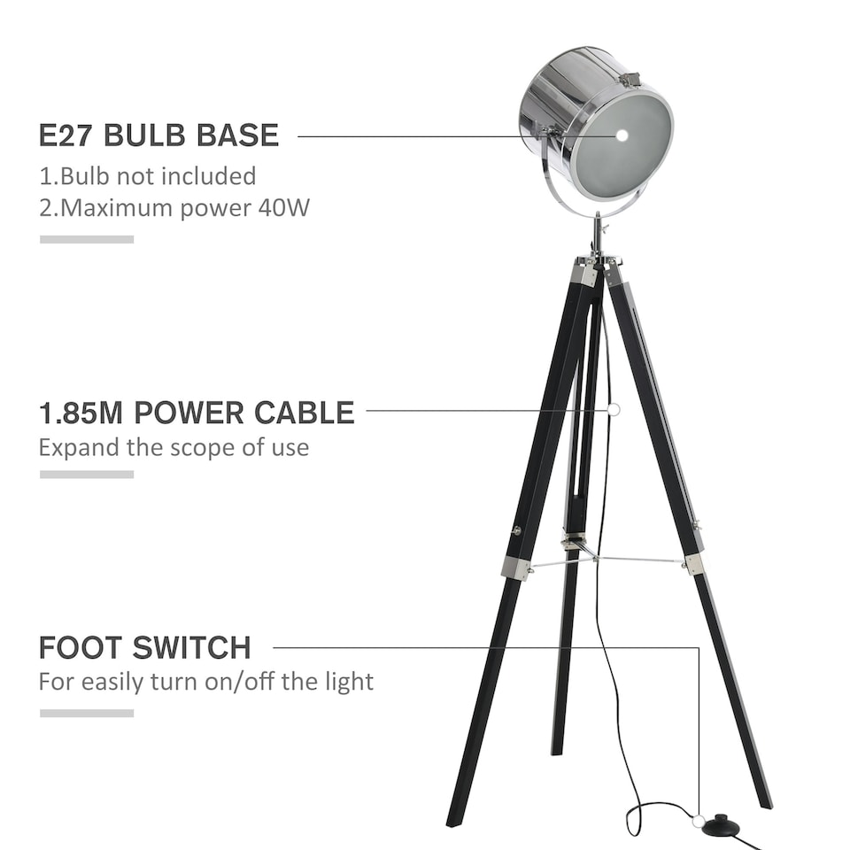 image 1 of HOMCOM Industrial Style Adjustable Tripod Floor Lamp, Searchlight Reading Lamp