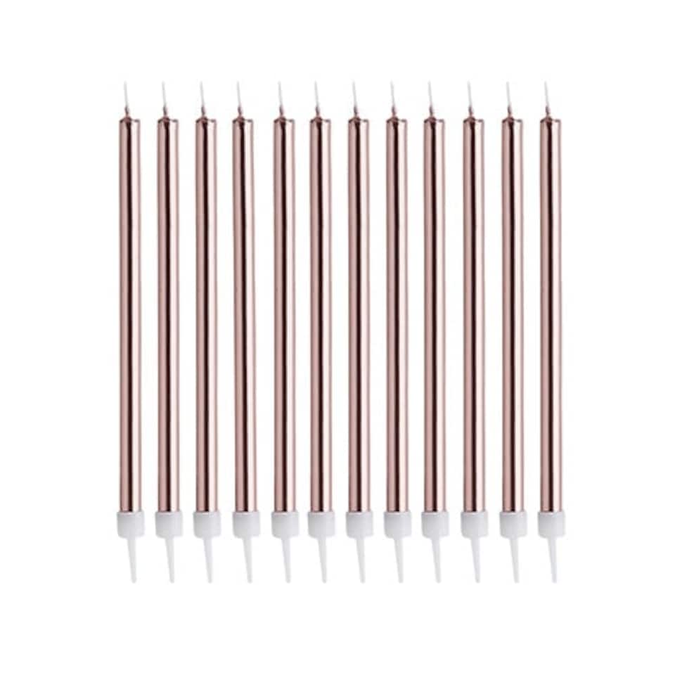 image 1 of Metallic Rose Gold Skinny Birthday Candles with Holders - Pack of 12