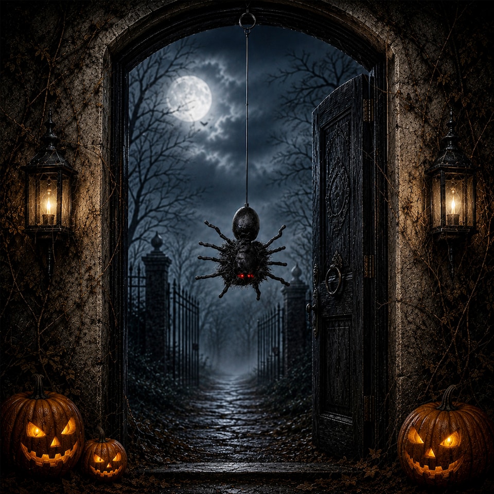 image 1 of 3 Pack of 2ft Battery Operated Dropping Dangling Halloween Spider Animatronic Decoration