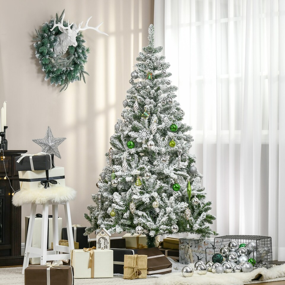image 1 of HOMCOM 6 Ft Snow Flocked Artificial Christmas Tree mas Pine Tree with Realistic Branches, Auto Open and Steel Base, Green