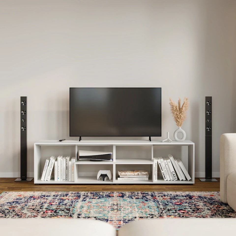 image 1 of Shelby Abstract Large Double Coffee Table With Storage Shelves TV Stand 160cm | Multi | White