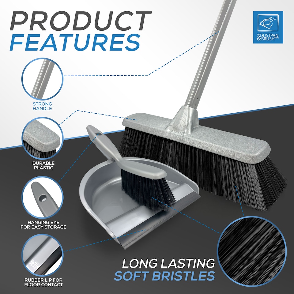image 1 of Indoor Soft Sweeping Broom and Dustpan Set Long Handle Floor Brush for Wood and Tile