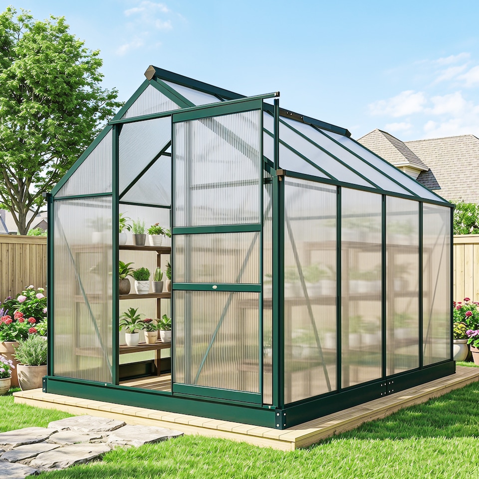 image 1 of Outsunny 6x8ft Walk-In Polycarbonate Greenhouse Plant Grow Galvanized Aluminium | Green | Dark Green | 190x252x201cm
