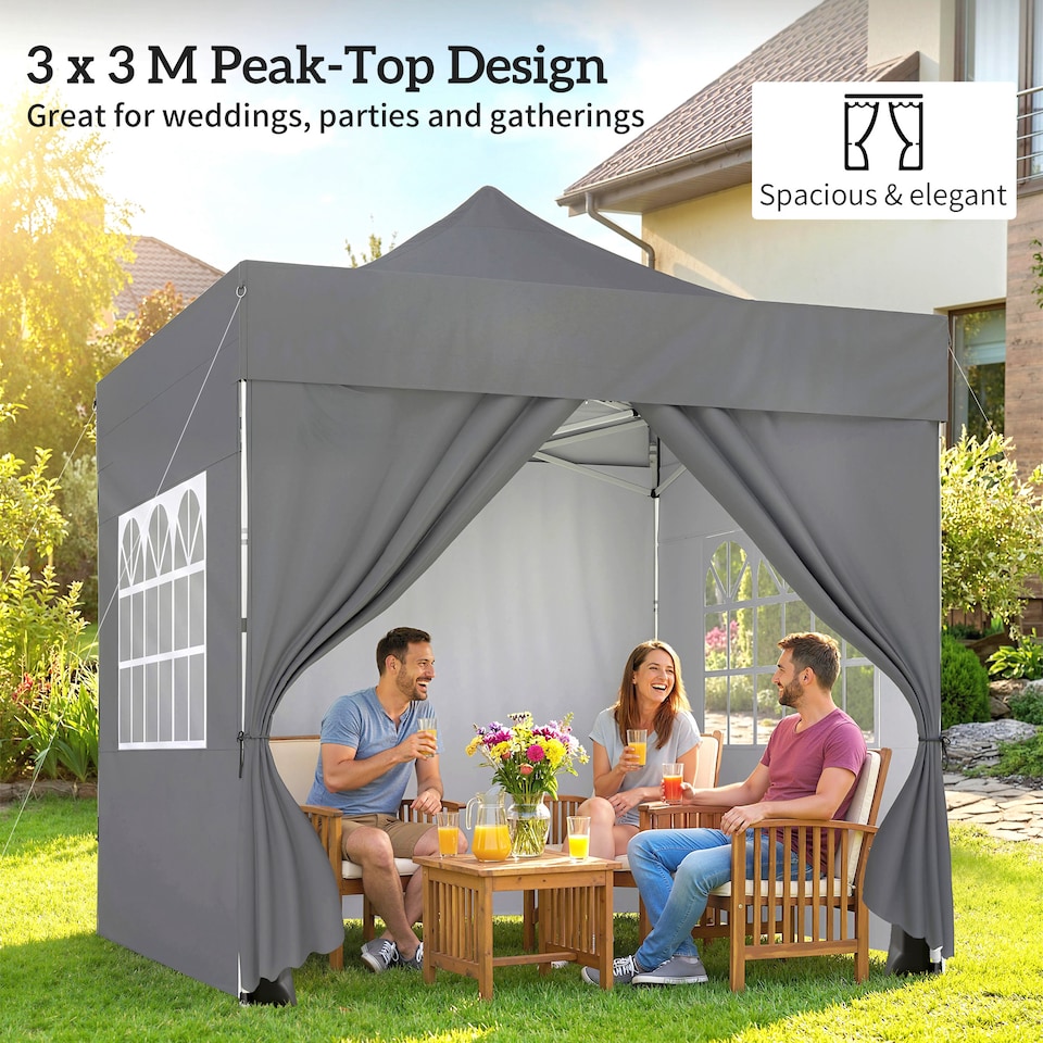 image 1 of Outsunny Heavy Duty Pop Up Gazebo with Sides, UPF50+ Marquee Gazebo | Grey | Silver Grey | 300 x 300 x 338 cm