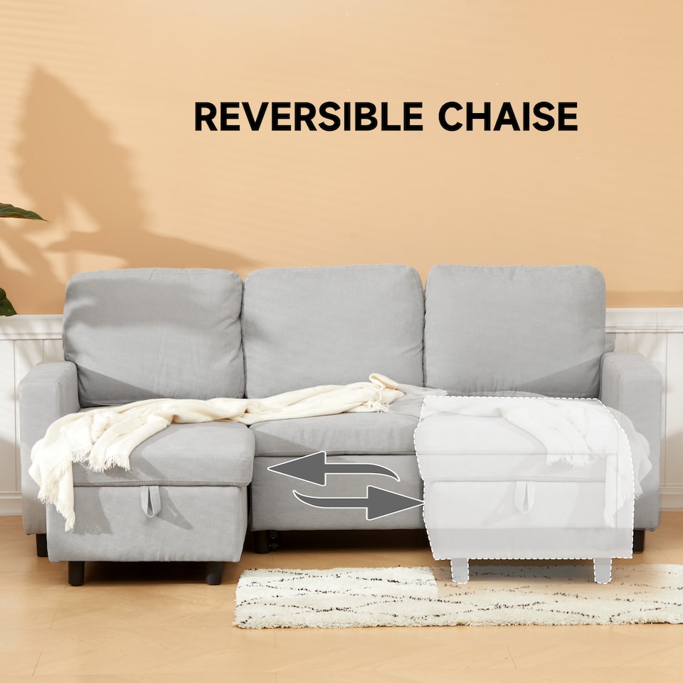 image 1 of HOMCOM Pull Out Sofa Bed L Shape Corner Sofa w/ Reversible Chaise Light Grey