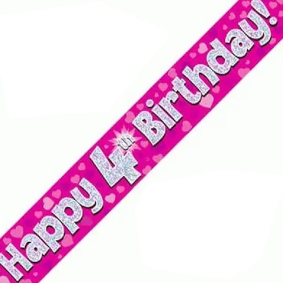 Pink Happy 4th Birthday Holographic Foil Banner 274cm