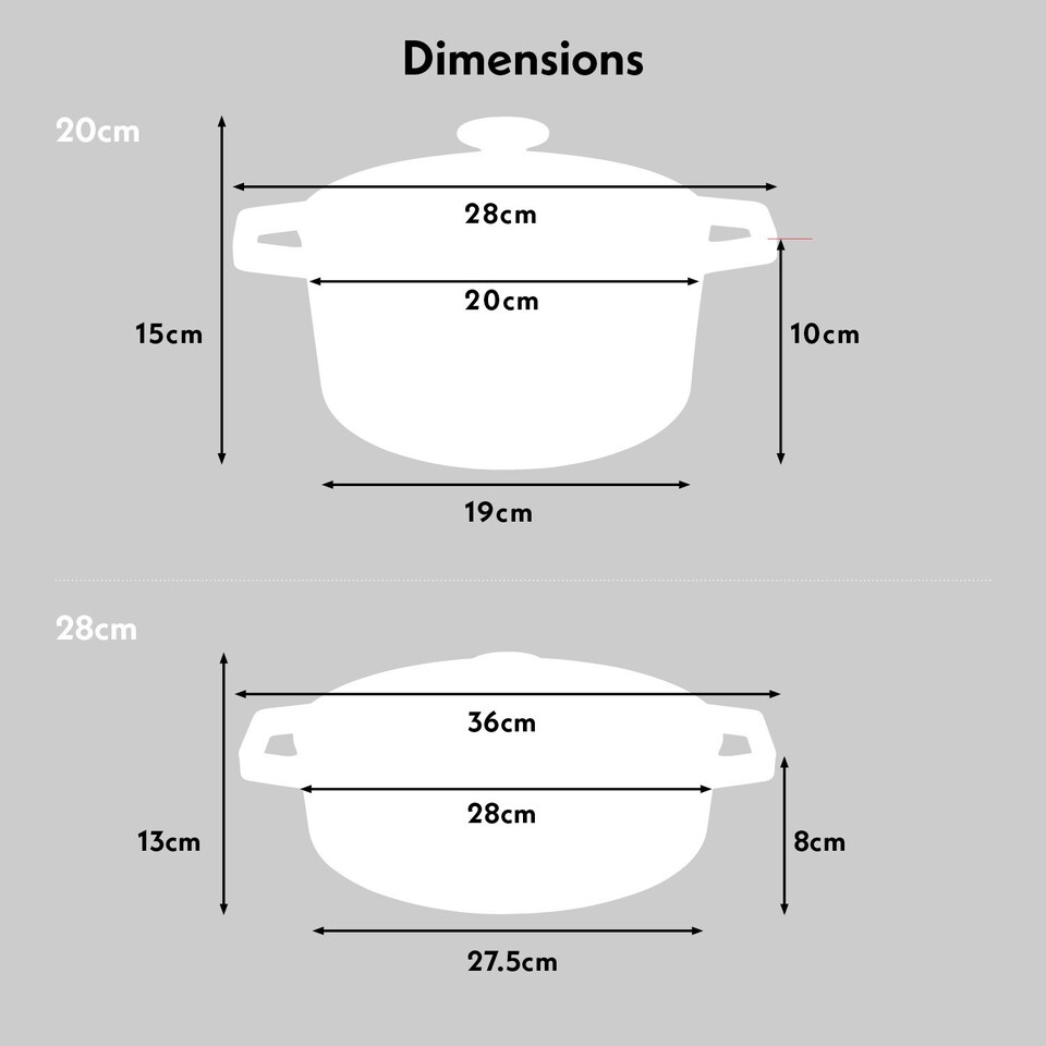 image 1 of Cooks Professional Cast Iron Casserole Set of 2 | 20cm and 28cm | Enamelled Inside and Out | Graduated Grey