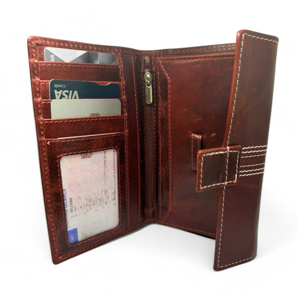 image 1 of CRICKET-GIFTS - Buffalo Leather Travel Wallet | 5 Card Slots & ID Pouch | Mobile Phone Zip Area | Multicoloured, OneSize Red