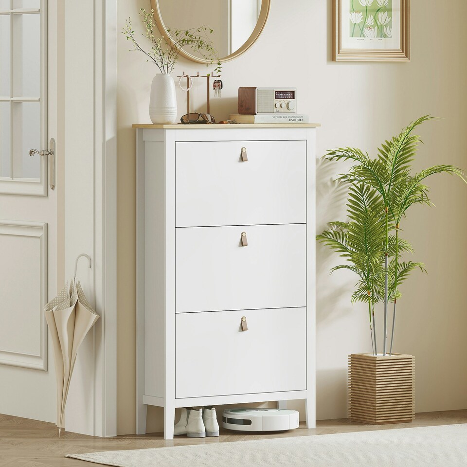 image 1 of HOMCOM 3 Drawer Shoe Cabinet with Flip Doors for Hallway, Entryway White | 80W x 24D x 131H cm