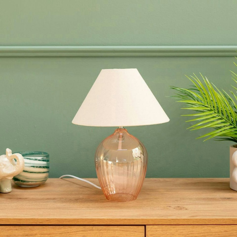 image 1 of ValueLights Olivet Pink Glass Table Lamp with Natural Tapered Shade