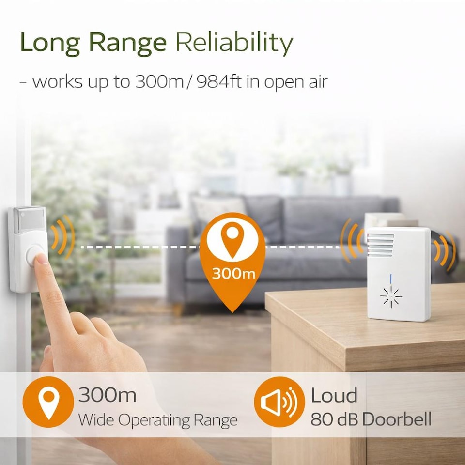 image 1 of Nedis Wireless Doorbell, Battery Powered Cordless Door Chime Kit with 300m Range, 36 Chimes, Blue LED and 80dB Volume - White